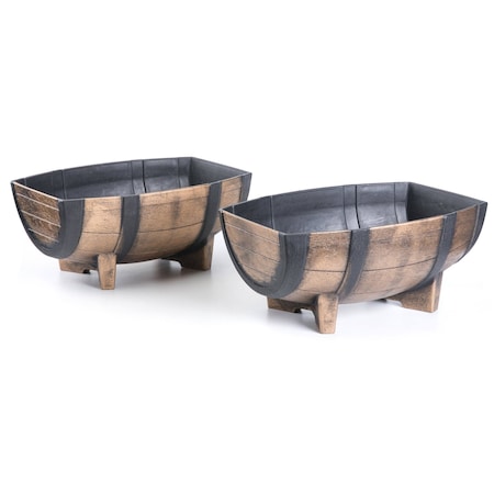 Gardenised Rustic Wood- Look Plastic Half Barrel Flower Pot Garden Planter, PK 2 QI003695